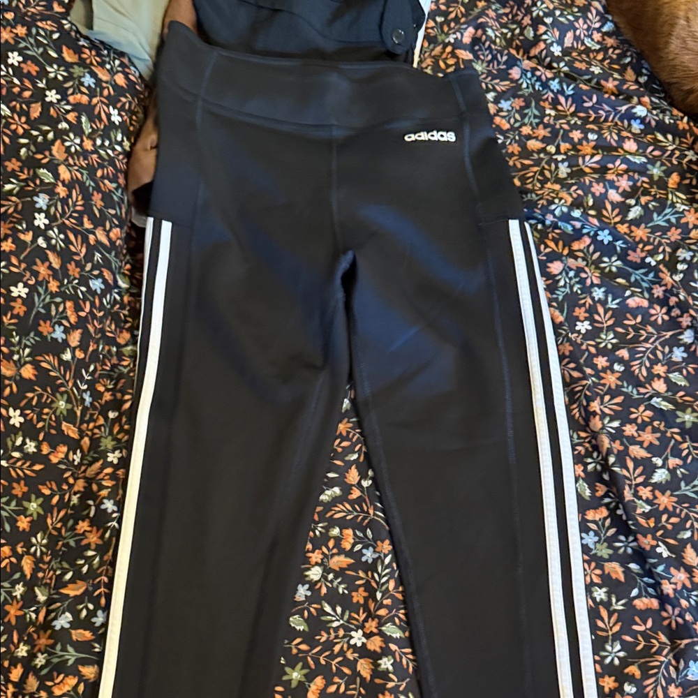 adidas Black Kids Leggings with White Side Stripes